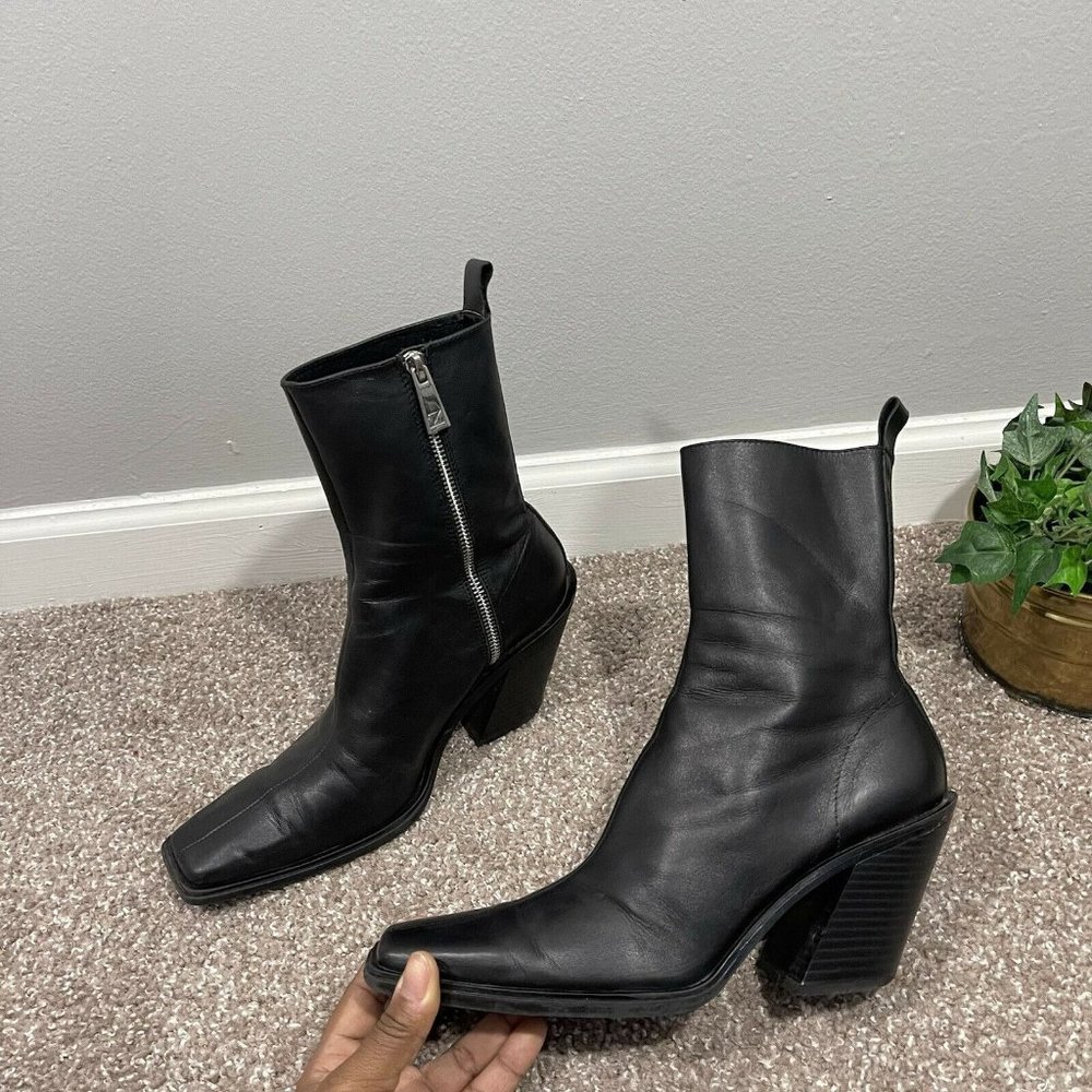 ZARA WOMEN’S LEATHER SQUARE TOE COWBOY MID CALF BOOTS SIZE 38 US 8 BLACK ZIP